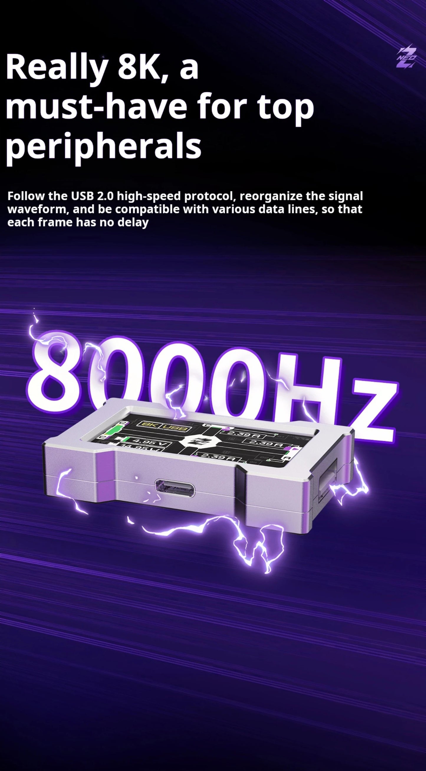 HMLAB ZNEO Gaming USB Hub - 2-to-3 Port, 8K Hz, Independent Power, With Screen, Trendy for Gaming Ambience Desk Setup