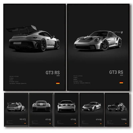 Black White Pop Luxury Germany Sports Car Poster Wall Art 911 GT3 RS Turbo HD Print Canvas Painting for Garage Home Room Decor