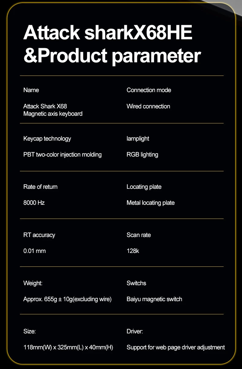 X68HE ATTACK SHARK Magnetic Gaming Keyboard Mechanical Wired for Pro Gaming 0.01mm Rapid Trigg 8000Hz SOCD/Rs 0.125ms 128K Rate