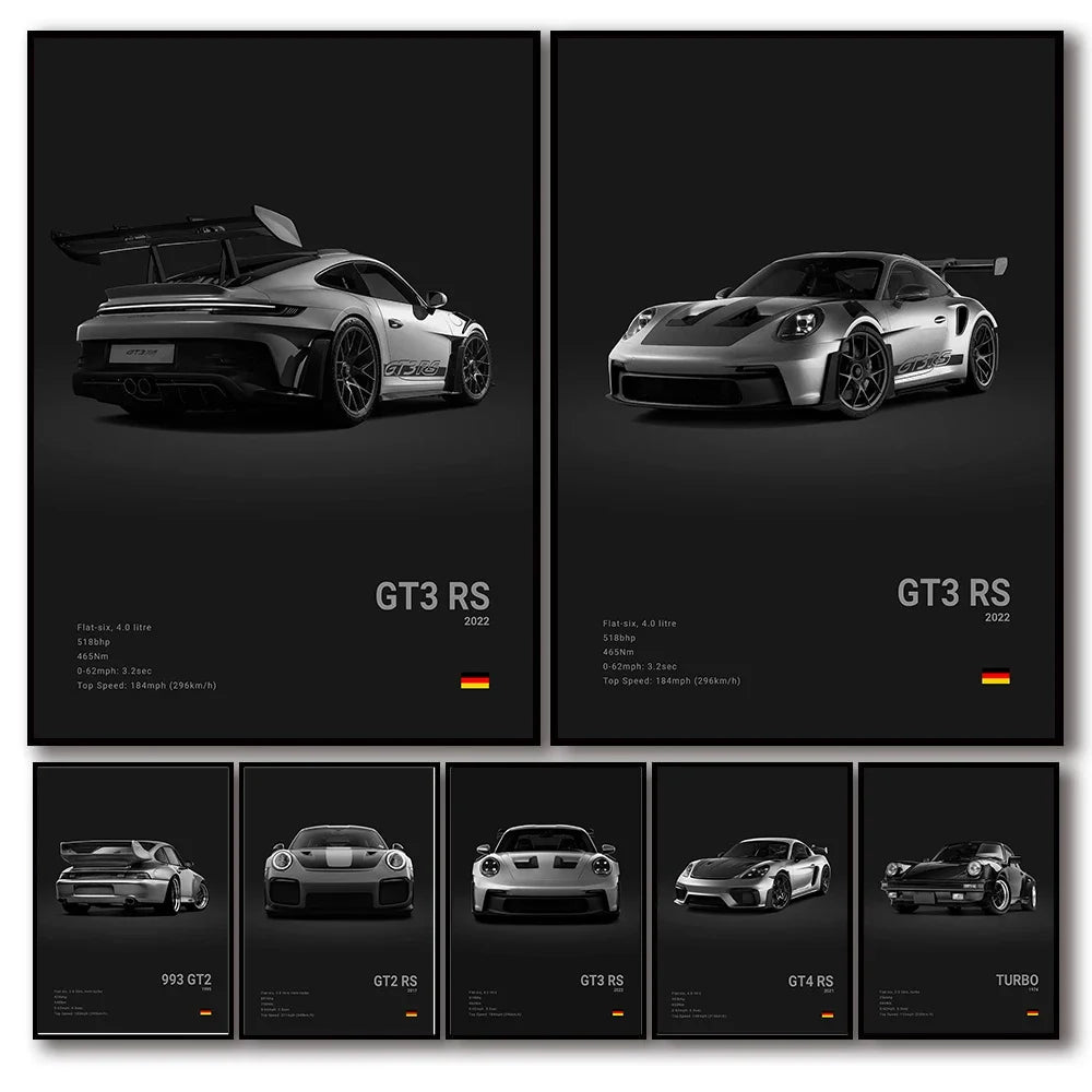 Black White Pop Luxury Germany Sports Car Poster Wall Art 911 GT3 RS Turbo HD Print Canvas Painting for Garage Home Room Decor