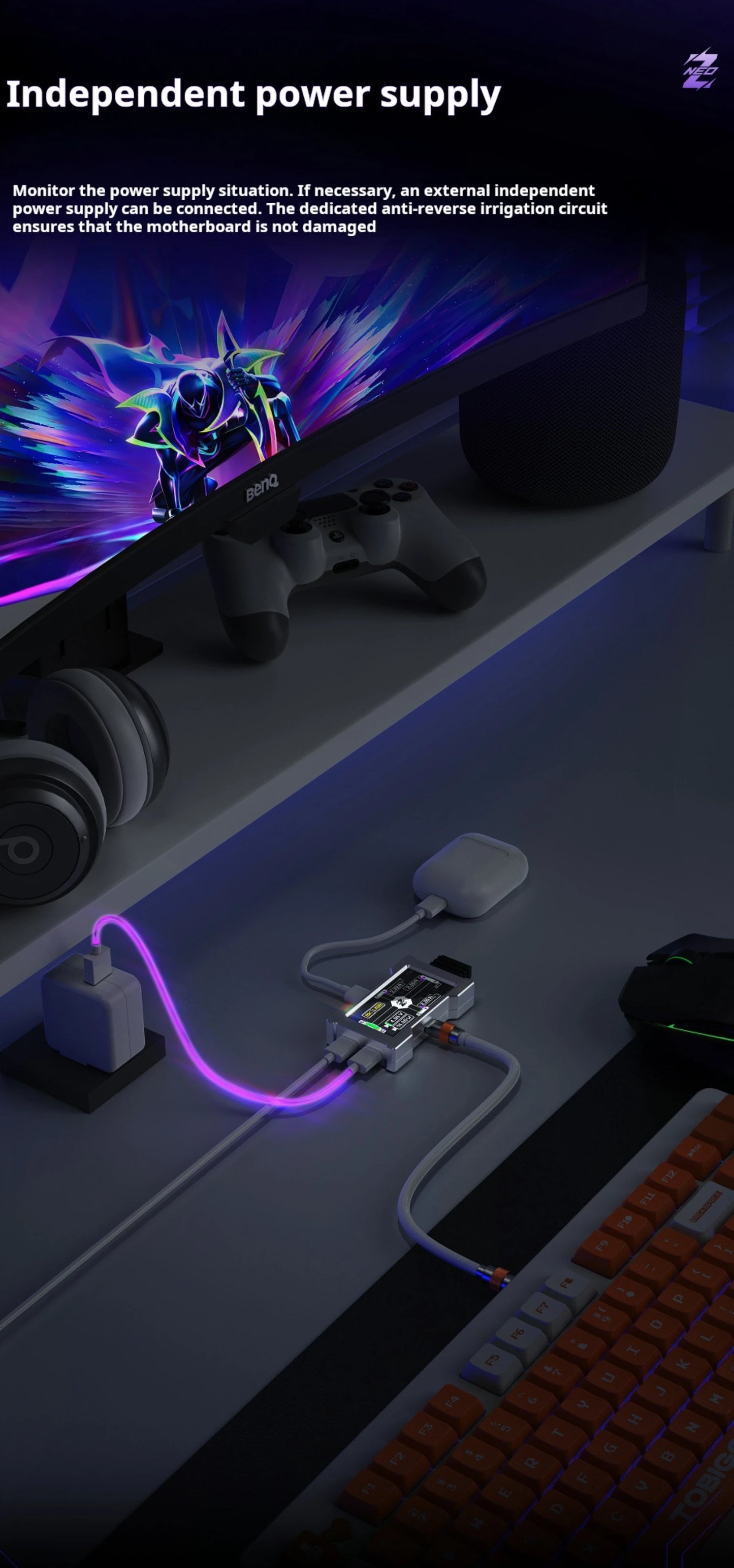 HMLAB ZNEO Gaming USB Hub - 2-to-3 Port, 8K Hz, Independent Power, With Screen, Trendy for Gaming Ambience Desk Setup